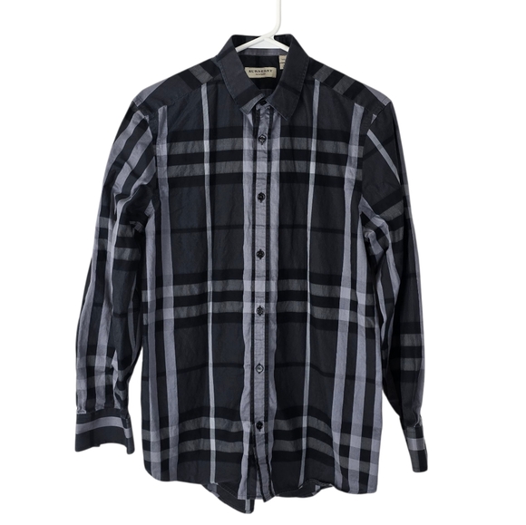 Burberry Check Gray Plaid Tailored Button Up Cotton Long Sleeve